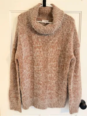 Oceanus Eyelash Knit Turtleneck Sweater Fuzzy Cozy Pullover‎ Beige Pink L thumbnail 1