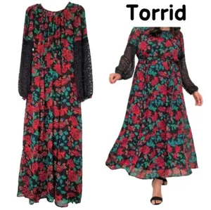 NWT Torrid chiffon maxi peasant lace sleeve floral dress sz 2x 18/20 thumbnail 4