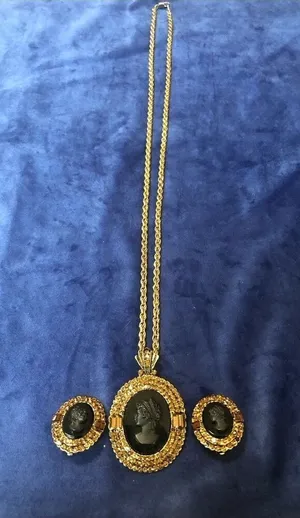 R.J. Graziano Signed Black Onyx Cameo Filigree Necklace and Earrings (Clip on) thumbnail 1