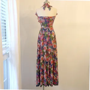 Fuzzi Floral Mesh Halter‎ Maxi Dress XS Romantic Ruffle Wedding Guest Italy $650 thumbnail 5