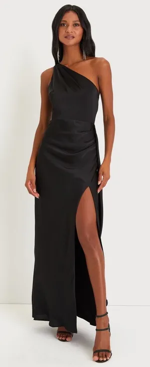 NWT Lulus Signature Elegance Black Satin One-Shoulder Maxi Dress Gala Banquet M thumbnail 1