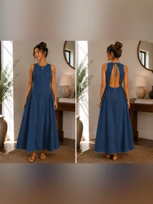 Poselle Denim Open Back Maxi Dress Size L Cotton Blend Sleeveless A-Line Dress thumbnail 2