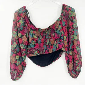 Free People On Lala Floral Long Sleeve Crop Top Women's Size‎ S Festival Boho thumbnail 3
