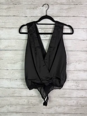 Lulus Prize Winning Black Satin Faux Wrap Bodysuit Size Small thumbnail 3