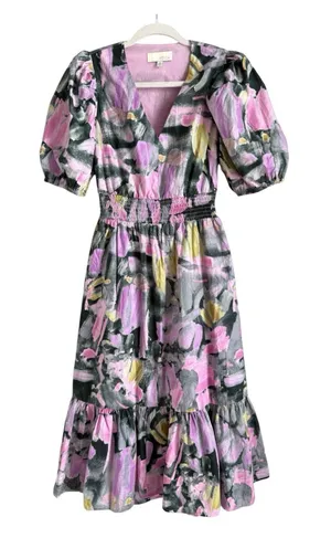 PINCH Watercolor Abstract Floral Midi Dress Smocked Puff Sleeve V-Neck Pink Sz M thumbnail 1