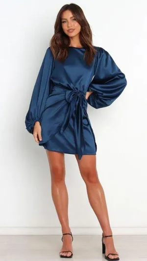 Petal & Pup Opal Navy Blue Satin Long Balloon Sleeve Wrap Mini Dress 4 thumbnail 5