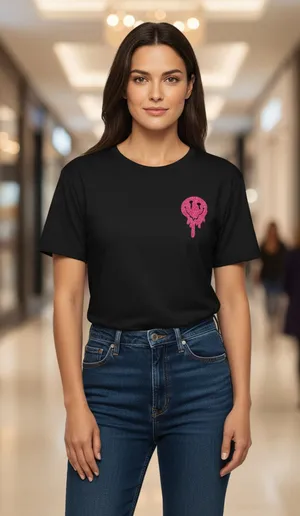 Women's Black Short Sleeve Tee with Pink Graphic, Size M thumbnail 1