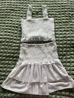 White ruffle set with subtle vertical stripes, size S #ruffles #coordinated thumbnail 1