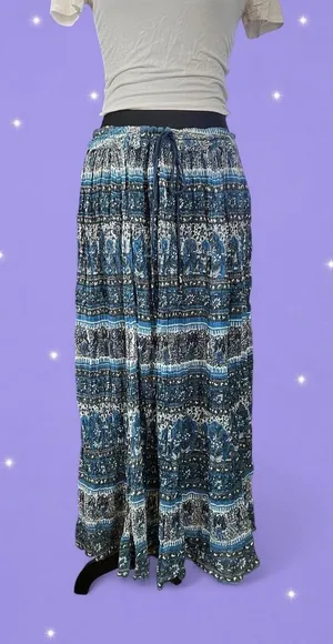 Vintage Y2K Blue Boho Indian Cotton Adjustable Drawstring Maxi Skirt One Size 💙 thumbnail 2