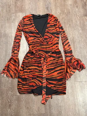 PrettyLittleThing Orange/Black Animal Print Wrap Mini Dress thumbnail 1