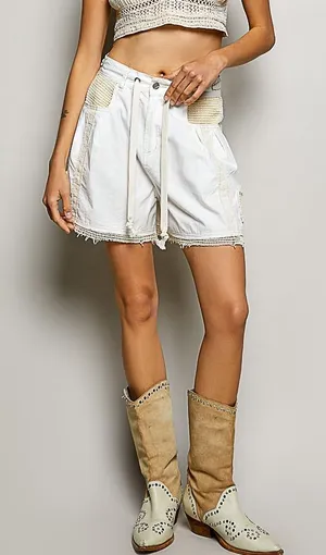 POL White Denim Drawstring Jean Shorts with Fringe Trim thumbnail 1