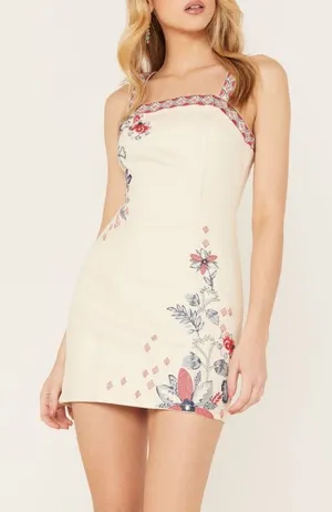 Shyanne Cream Mini Dress with Red & Blue Floral Embroidery thumbnail 1