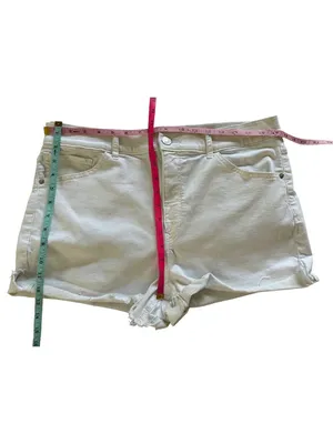 Express Shortie High Rise White Distressed Denim Shorts Size 14 thumbnail 4