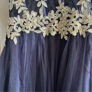 Blondie Nites Gown Juniors‎ Size 9 Navy Long Mesh Gown Corset Style Gold Prom thumbnail 8