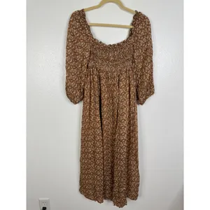 OPT Brown Floral Smocked Cotton Midi Dress Long Puff Sleeve Square Neck Pockets thumbnail 2
