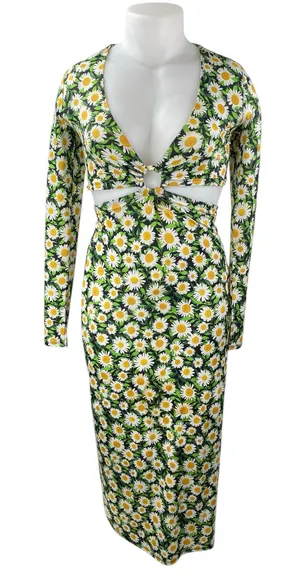 AFRM Green Multicolor Floral Cut Out V-Neck Long Sleeve Midi Bodycon Dress Sz S thumbnail 1