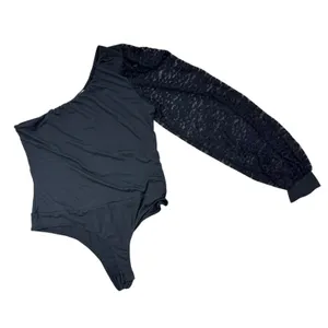 Elegant Black One-Shoulder Lace Sleeve Black Thong Bodysuit Medium Going Out Top thumbnail 2