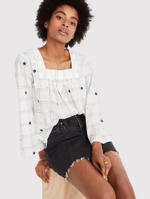 NWT Madewell Womens Top White Embroidered Windowpane Square Neck Button Down 2XL thumbnail 1