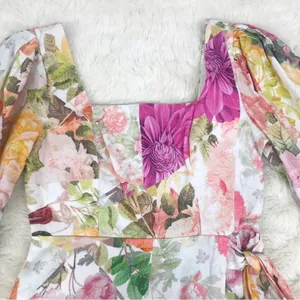 VINCE CAMUTO Floral Print Mini Dress Size 2 Pink Green Cotton‎ Linen Tie Waist thumbnail 4