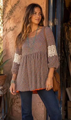 Umgee Boho Tunic Top Large Orange Blue Crochet Lace Bell Sleeve Babydoll thumbnail 1
