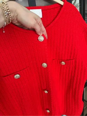 H&M sweater cardigan Structured Knit Short Sleeve gold buttons top pockets thumbnail 3