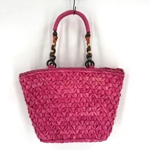 Barney’s New York NWT Pink Straw‎ Beaded Handle Tote Bag thumbnail 2