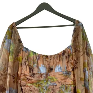Here Comes The Sun Floral Smocked Balloon Sleeve Back Tie Mini Dress Orange Sz M thumbnail 3
