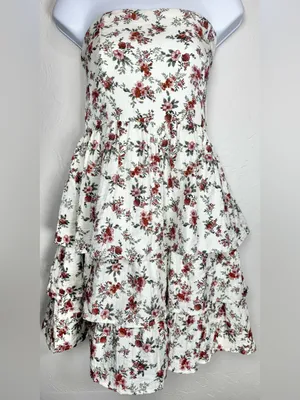 Altar'd State Ivory Strapless Floral Tiered Mini Dress Size Large thumbnail 3
