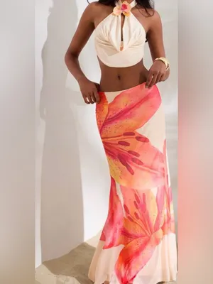 Floral Red-Orange Maxi Skirt with Cream Top thumbnail 3