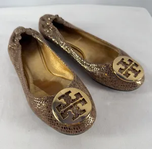 Tory Burch Snake Embossed Large Metal Logo Ballet Flat in Light Brown Gold 8.5 thumbnail 1