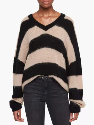 AllSaints Lou‎ Stripe Wool Blend Alpaca V-Neck Jumper Sweater Womens L Oversized thumbnail 1