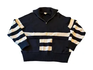 Hem & Thread Womens Black White Striped Quarter Zip Pullover Sweater Large thumbnail 1