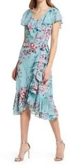 Eliza J V-Neck‎ Ruffled Printed Metallic Clip Chiffon Dress Size 2 thumbnail 1