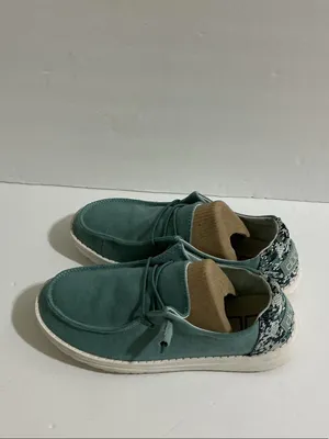 Hey Dude Teal Slip-On Casual Sneakers with White Sole and Patterned Heel thumbnail 2