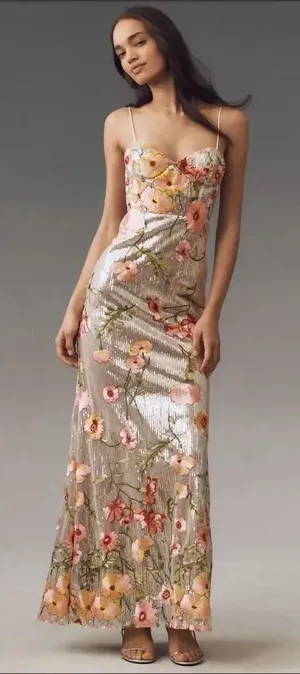 Mac Duggal 68896 Silver Sleeveless Bustier Floral Applique Gown thumbnail 1