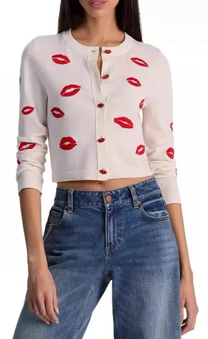 ALICE + OLIVIA Daroda Lip Cardigan Sweater - Soft White Mutli S thumbnail 1