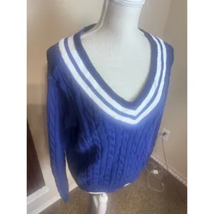 Lands End Womens Navy Blue Cable Knit Varsity Cotton Sweater Tennis Large 12-14 thumbnail 3