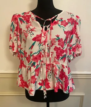 CeCe White Blouse with Pink Floral Tie-Neck Pearl Accent Peasant Top Coquette thumbnail 1