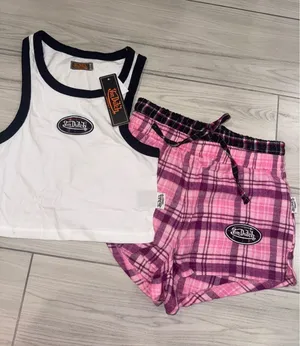 Von Dutch Originals Womens Pink Plaid Flannel Pajama Set Crop Tank Shorts S NEW thumbnail 1