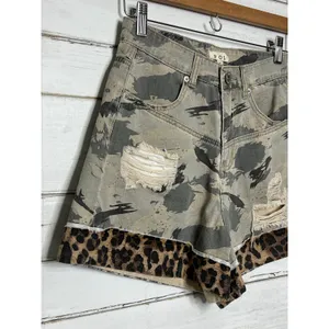 POL Camo Leopard Denim Shorts Size S Distressed Raw Hem Mixed Print Boho Shorts thumbnail 4