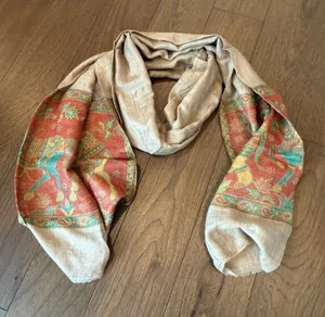Beige Scarf with Red and Teal Pattern thumbnail 1