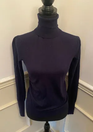 Vintage Ralph Lauren Navy Blue Merino Wool Blend Turtleneck Sweater Ribbed Cuffs thumbnail 1