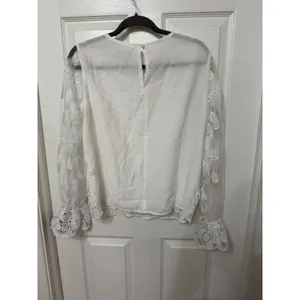 Zara White Embroidered Lace Mesh Long Sleeve‎ Top with Bell Cuffs Size Large thumbnail 4