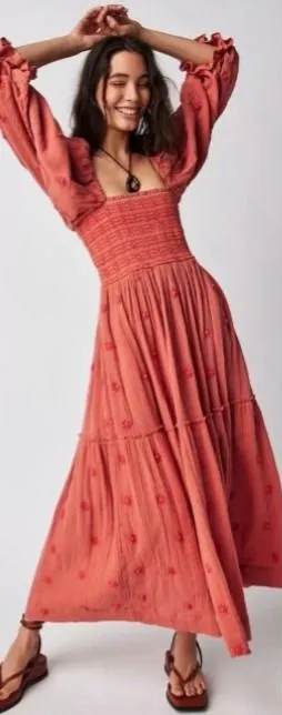Free People Dahlia Embroidered Maxi Dress in Melon thumbnail 1