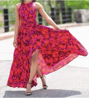 Abel The Label Anthropologie Charlotte Maxi Dress Small Fuschia Red Floral Boho thumbnail 1