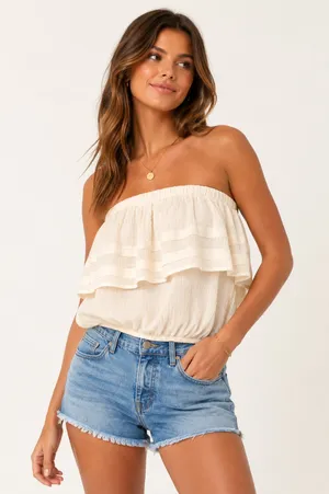 YOUNG FABULOUS & BROKE Boho Bubble Caicos Cream Tube Top Beachwear Cotton XS thumbnail 1