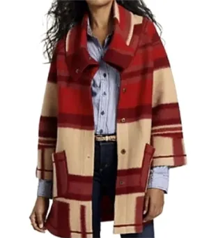 Anthropologie SPARROW Satra Red Plaid Wool Blanket Sweater Coat Barn Jacket S thumbnail 2