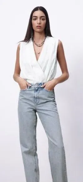 Zara White Cotton Wrap Bodysuit thumbnail 1