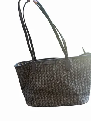 Tory Burch Gray & Black Textured Monogram Small Tote Bag Zip Top Logo Canvas thumbnail 5