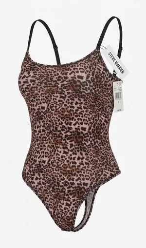 Steve Madden Womens Feathered Leopard Mesh Bodysuit SM11840 Brown Animal Sz S thumbnail 1